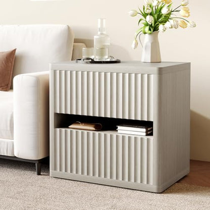 Dripex Fluted Nightstand Set of 2, 22'' Wide Night Stand with 2 Large Drawers, Mid Century Modern Wood Bedside Table with Open Shelf, Large Bed Side End Table for Bedroom, Gray Oak - color: Gray Oak
