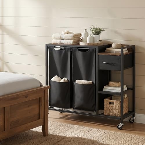 HOOBRO 2 Section Laundry Sorter with Shelf, 24 Gal. (90.8 L) Laundry Hamper with Wheels, Rolling Laundry Basket with Fabric Drawer, 3-Tier Shelves, Side Pockets, Black and Rustic Brown BF27XY01