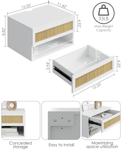 Small Modern Nightstand with Drawer, Floating Shelves for Bedroom, Bathroom (White Rattan) - color: White Rattan