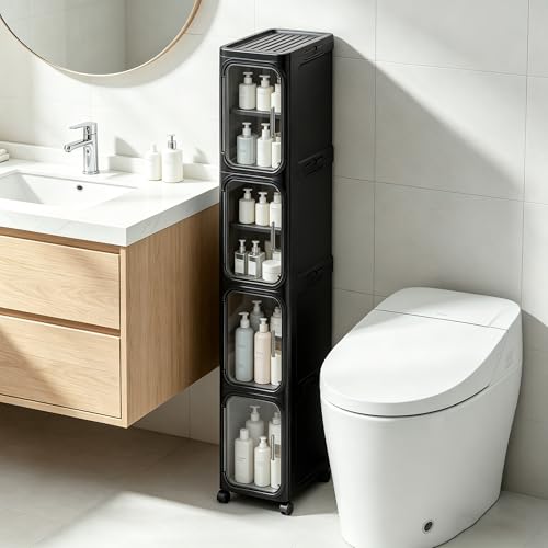 LXLXXL 4-Tier Narrow Storage Cabinet Slim Bathroom Storage Cabinet with Movable Wheels Tall Bathroom Organizer Skinny Cabinet for Small Spaces，Black - color: Black, size: 4-tier