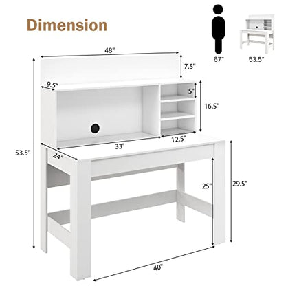Tangkula White Desk with Hutch, Home Office Desk with Bookshelf, Writing Study Desk with Anti-Toppling Device & Cable Hole, Modern Computer Workstation PC Laptop Desk for Small Space, Bedroom