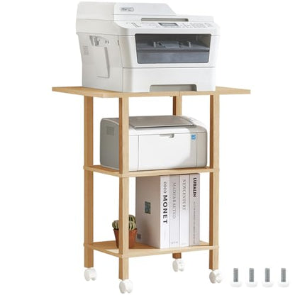 YUFAM 3 Tier Home Printer Stand with Storage, Natural | Wooden Mobile Printer Table Shelf, Rolling Printer Cart Shelf with Lockable Wheels fit Fax Machine, Scanner - color: Wood, size: 15.75"D×23.65"W×25.7"H