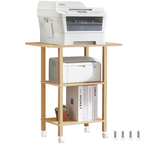 YUFAM 3 Tier Home Printer Stand with Storage, Natural | Wooden Mobile Printer Table Shelf, Rolling Printer Cart Shelf with Lockable Wheels fit Fax Machine, Scanner - color: Wood, size: 15.75"D×23.65"W×25.7"H