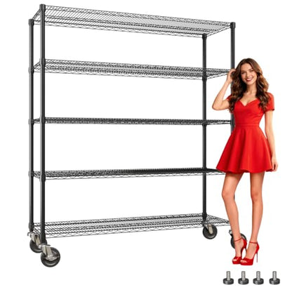 Garvee Storage Shelves, 5-Tier Metal Shelving Units with Wheels, 73" H x 59" W x 17.1" D, 3300 LBS Heavy Duty Wire Shelving Rolling Rack for Garage Kitchen Home Basement, Adjustable, Black - size: 73"H x 59"W x 17.1"D(5-Tier)
