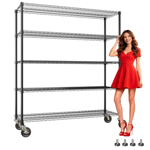 Garvee Storage Shelves, 5-Tier Metal Shelving Units with Wheels, 73" H x 59" W x 17.1" D, 3300 LBS Heavy Duty Wire Shelving Rolling Rack for Garage Kitchen Home Basement, Adjustable, Black - size: 73"H x 59"W x 17.1"D(5-Tier)