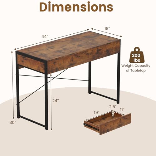 Giantex Computer Desk with 2 Drawers, 44 Inch Home Office Desk with Anti-Toppling Device & Metal Frame, Compact Laptop PC Table, Vanity Table, Modern Study Writing Desk for Small Spaces (Rustic Brown) - color: Rustic Brown