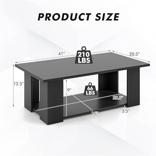Tangkula 2-Tier Coffee Table, Modern Rectangular Center Cocktail Table with 5 Support Legs, Wooden Accent Living Room Furniture, Small Coffee Table for Small Spaces, Easy Assembly (Black) - color: Black