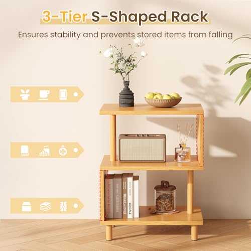 Apicizon S-Shaped Side Table, 3-Tier Nightstand with Solid Wood Legs, Slim Bedside Table with Storage Shelf, Modern End Table for Small Spaces, Bedroom, Living Room, Entryway, Natural - color: Natural