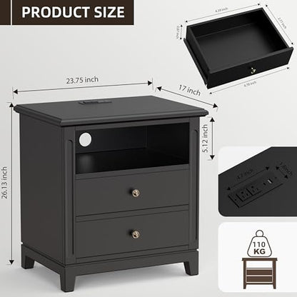24" Wide Farmhouse Nightstand with Charging Station, Solid Wood End Table with 2 Large Drawers & Open Shelf, Bedside Table with USB Ports and Outlets, Side End Table for Bedroom - color: Black