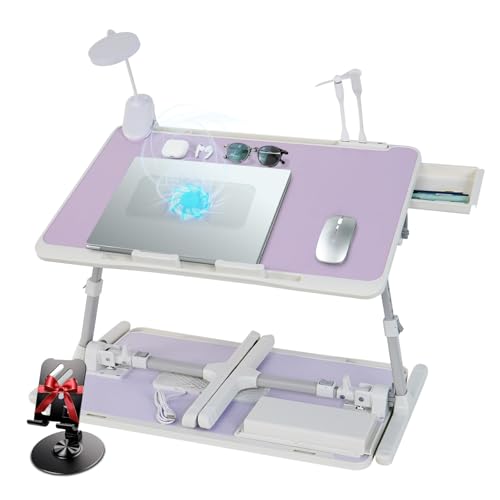 iXTRA Laptop Lap Desk Include Cooling Fan,Adjustable Lap Desk with Light Fan,Folding Laptop Desk for Bed with USB,Bed Desk with Storage Drawer 56x32cm,Purple - color: Purple+holder,56x32cm