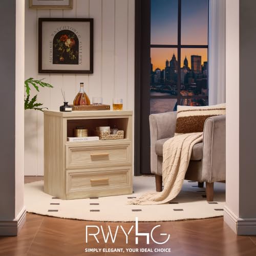 RWYHG 24'' Wide Farmhouse Night Stand with 2 Drawers,Wood Nightstand | Modern End Table Open Storage Shelf, Metal Handle, Mid-Century Bed Side Table for Bedroom, Living Room,Natural - color: Natural