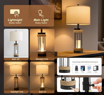 OYEARS 25" Table Lamps Set of 2 with Night Light, Rustic Bedside Lamps with USB C+A Charging Ports, Black Metal Lamp with Rope Accent and Frosted Glass, Farmhouse Lamps for Living Room Bedroom - color: Farmhouse Black
