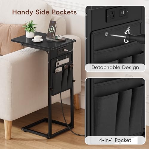 C-Shaped End Tables Set of 2 with Charging Station, 33'' Tall C Table Adjustable Height Side Table, Sofa Table for Couch, Couch Table that Slide Under Sofa, TV Trays for Living Room, Black - color: 2pc Black, style: With Plug