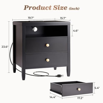 Huuger Black Nightstand Set of 2, Night Stand with Charger Station, Bedside Table with 2 Drawers, Bed Side Tables for Bedroom, Modern Nightstands, Metal Knobs, Painted Surface - color: Black