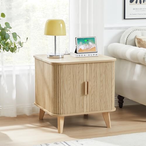 End Table with Charging Station, 24" Fluted Night Stands with Sliding Door, Farmhouse Large Wooden Side Table with Storage for Bedroom Living (Square, Natural) - color: Natural, size: 24"-Square