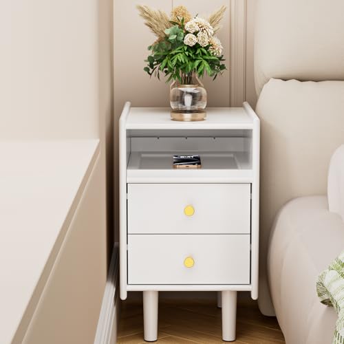 Narrow Nightstand with 2 Drawers, 11.81" Solid Wood Narrow Bedside Table | Pine Wood, Modern Night Stand with Open Shelf & Cable Hole, Slim Narrow Side Table for Bedroom, White