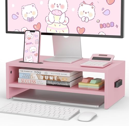 BONTEC Wooden Monitor Stand Riser for Desk, 2-Tier Computer Monitor Stand | 66 lbs Desk Shelf Organizer with Storage, Laptop & Printer Stand with Phone Holder and Cable Management, Pink, 16.5 Inch - color: Pink, size: 16.5 Inch