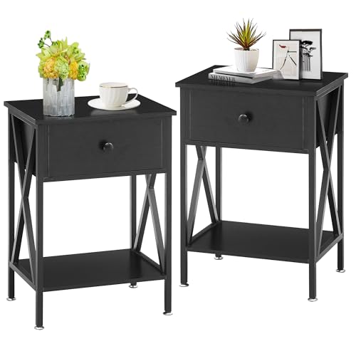 VECELO End Tables, Modern Nightstand with Drawer & Shelf, Night Stand for Bedroom Living Room ,Industrial Metal Frame - color: Black, size: End Table