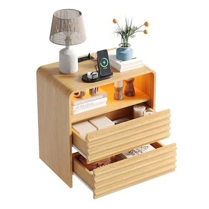Fameill Fluted Nightstands,Nightstand with Charging Station,LED Night Stand with Two Drawers,Bedside Table with USB Ports and Outlets,Modern End Table for Bedroom (Burly Wood) - color: Burly Wood
