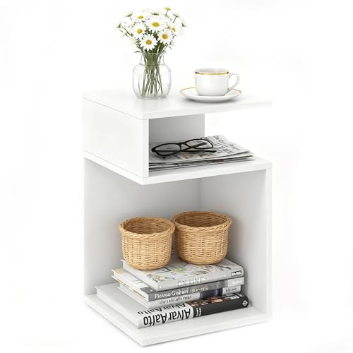 LDAILY S-Shaped Side Table, 3-Tier Narrow Bedside Table with 2 Open Storage Shelves, Modern Sofa End Table, Wooden Nightstand for Living Room, Bedroom & Small Spaces, Easy Assembly, White (1)