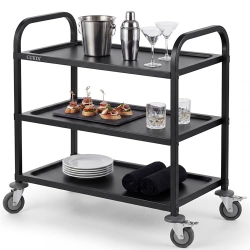 CURTA Black Stainless Steel Serving Cart, 3-Tier Rolling Utility Trolley (34"x18"x36"), Heavy Duty Painted Kitchen Cart on Wheels with Brakes, Commercial Grade for Restaurant, Hotel, Salon & Lab - color: L(black): 34''(l) X 18''(w) X 36''(h)