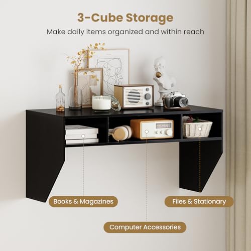 Giantex Wall-Mounted Computer Desk, Floating Laptop Desk with 3 Storage Compartments, Space-Saving Home Office Workstation Vanity Table for Bedroom, Study, Living Room (Black) - color: Black