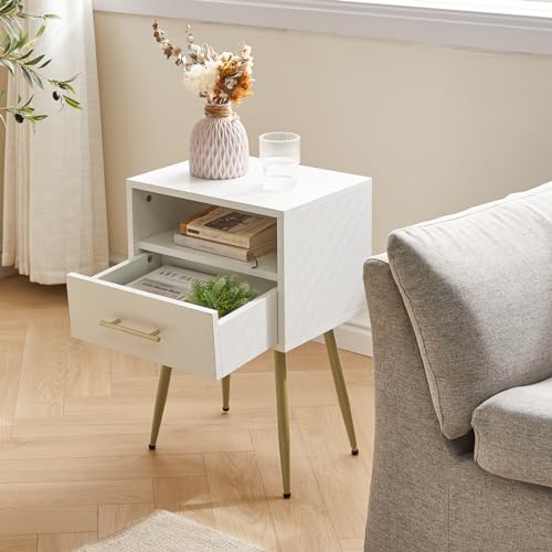 IBUYKE Nightstand, Mid Century Modern Night Stand, Bedside Table with Drawers and Open Storage Shelf, End Side Table with Metal Legs, for Bedroom, Small Spaces, White UWNS004W - color: White