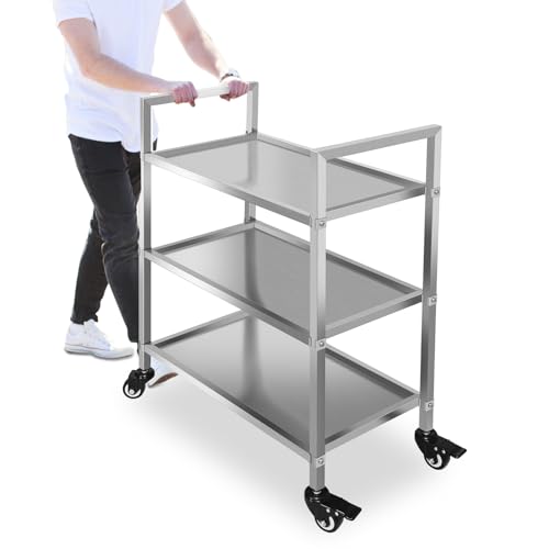 3 Shelf Stainless Steel Cart, 400 Lbs, 1MM Thick, Serving Cart with Wheels, Household, Service Trolley, 360°Rotation Storage Shelf with Locking Wheels