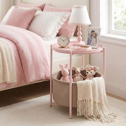 danpinera Pink Round Side Table with Fabric Storage Basket,Small Sofa Table | Metal Modern Nightstand for Small Space, Bedroom, Nursery, Accent Metal Table with Removable Serving Tray, 20.47 in Tall - color: Light Pink