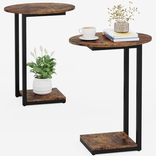 Hosfais Small Side Table Set of 2, C-Shaped Wood Sofa End Table with Metal Frame for Living Room, Bedroom, Small Spaces (Rustic Brown) - color: Rustic Brown, size: Oval 2 Pcs