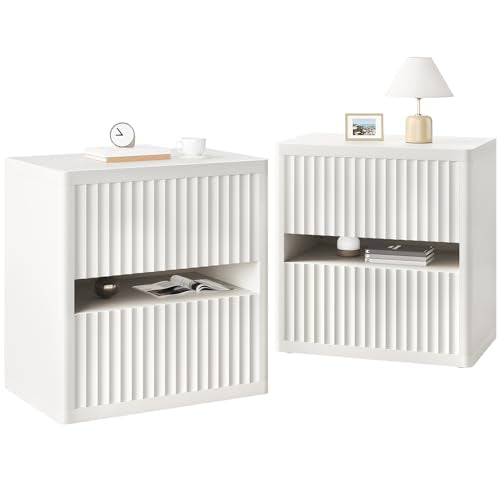 Dripex Fluted Nightstand Set of 2, 22'' Wide Night Stand with 2 Large Drawers, Mid Century Modern Wood Bedside Table with Open Shelf, Large Bed Side End Table for Bedroom, White - color: White