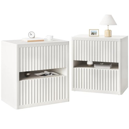 Dripex Fluted Nightstand Set of 2, 22'' Wide Night Stand with 2 Large Drawers, Mid Century Modern Wood Bedside Table with Open Shelf, Large Bed Side End Table for Bedroom, White - color: White
