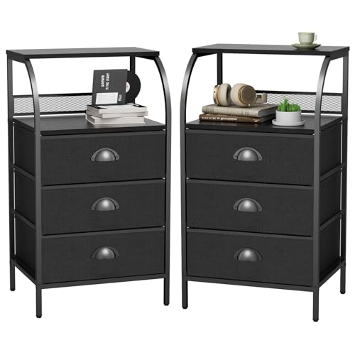 Night Stand Set 2, Nightstand with 3 Fabric Drawers and 2-Tier Shelf, Small Dresser Organizer, Bedside Table with Storage, End Table for Bedroom, Steel Frame, Wood Top, Black - color: Black(3drawer), size: Set of 2