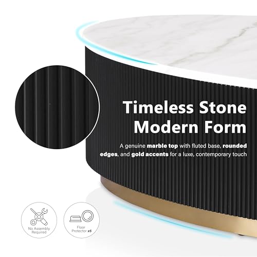 Furniture of America Beryl Modern Oval White Genuine Marble Top Coffee Table with Fluted Pedestal Base and Gold Stainless Steel Accent, Low Profile Table for Living Room, Home Office, Black - size: Coffee table, style: Oval