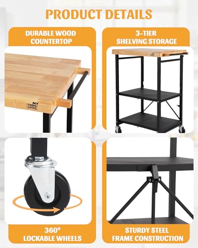 Mythinglogic Foldable Kitchen Storage Cart, 3-Tier Rolling Cart with Solid Oak Top, Heavy-Duty Metal Utility Rack for Microwave, Pots, Dish Set, Meal Prep Area, Kitchen Island on Lockable Wheels - size: 25.39"D x 19.6"W x 35.82"H