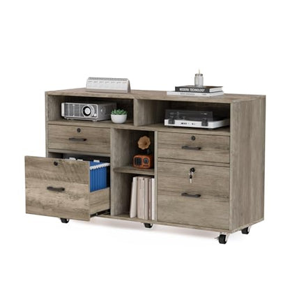VINGLI Wide 4 Drawer File Cabinet with Lock, Rustic Grey Rolling File Cabinet with Open Shelves, Lockable Printer Stand, Letter Sized - color: Rustic Grey