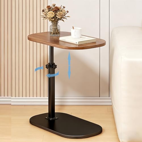 Pedestal Adjustable c Table for Small Spaces，C Shaped End Table Desktop can Turn 360° and the Height of the Sofa Small TV Tray Table Can be Adjusted for Couch - color: Walnut-height-adjustable Table-1pcs