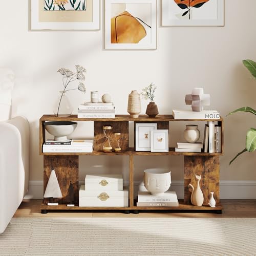 GOFLAME 3-Tier Geometric Bookcase, S-Shaped Bookshelf with 2 Open Back Compartments, Modern Display Rack, Narrow Compact Side End Table Nightstand for Living Room, Home Office (1,Rustic Brown) - color: Rustic Brown
