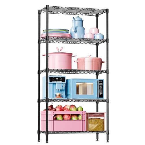IZEUK 5 Tier Black Metal Storage Shelves, Heavy Duty Adjustable Wire Shelving Rack for Garage, Kitchen, Bathroom, Closet Organizer, 1250 lbs Capacity, 15.7" D x 33.5" W x 68.5" H - color: Black, size: 5 Tier, 15.7" D x 33.5" W x 68.5" H