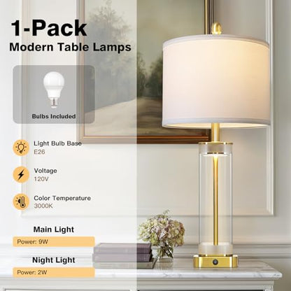 28" Gold Glass Table Lamp Single with Night Light, Modern Bedside Lamp with USB C+A Charging Ports, Nightstand Lamp for Living Room, Glass Lamps for Bedroom End Table Office, Bulbs Included, 1Pack - color: Gold(1 Pack)