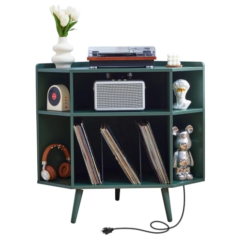 Corner Record Player Stand with Charging Station & USB Ports, 3 Tier Mid Century Modern Vinyl Record Storage Cabinet, Wood Turntable Stand for Music Room, Living Room, Small Space (Green) - color: Green
