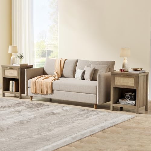 Eclatara Rattan Nightstand Set 2: Boho End Table with Drawer and Storage Shelf, Farmhouse Cane Accent Bedside Night Stands for Bedroom Small Space Sofa (2, Caramel Oak) - color: Caramel Oak (Medium 1 Drawer)