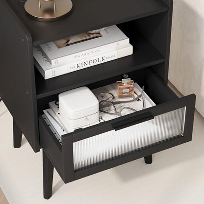MMEOLUOOK Nightstand with Charging Station, Bedside Tables, End Table Side Table with 2 Tiers Storage Space, for Bedroom, Living Room, Black CAMLBZ07BE - color: Black