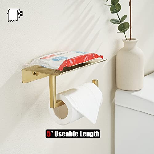 JQK Toilet Paper Holder Shelf, Bathroom Tissue Roll Holder with Phone Shelf, 5 Inch 304 Stainless Steel Tissue Paper Dispenser, Brushed Gold Finished Wall Mount, TPH202-BG - color: Gold