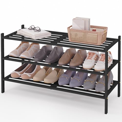 Smiry Long Bamboo Shoe Rack, 3 Tier Free Standing Wooden Shoe Organizer, Stackable Wood Shoe Storage Shelf for Closet, Entryway, 5 Horizontal Slats, 33.9"x11"x18.3", Black - color: Black, size: 3 Tier - 33.9" Wide