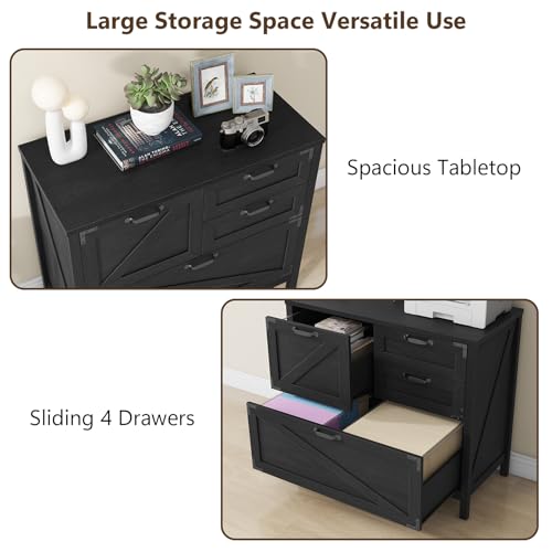 Halitaa Lateral File Cabinet with 4 Drawers, Farmhouse File Cabinet for Letter/Legal/A4 Size Hanging Files, Large Wood File Storage Cabinets Printer Stand for Home Office Cabinets, Black
