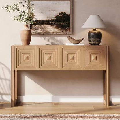 LKTART 55" Carved Console Table with 3 Soft-Close Drawers, Entryway Sofa Table with Fluted Leg,Solid Wood Accent Table for Living Room Hallway,Light Brown - color: Light Brown