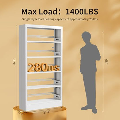 70.9" H Metal Bookshelf, Adjustable Bookcase, 5-Tier Heavy Duty Bookshelf with Bookend, Tall Bookshelves, Bookcase Shelf for Living Room, Office, Library,Classroom (White-37.4W) - color: White, size: 37.4" Wide