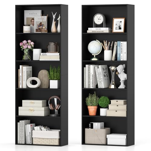 Giantex 5-Tier Bookshelf Set of 2, Freestanding Bookcase with 5 Open Shelf, Modern Display Shelf, Storage Organizer for Living Room Bedroom Home Office - color: Black, size: 24" x 9.5" x 67" (2 Pack)