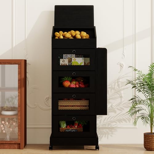 ARTETHYS Potato Storage Bin 5-Tier Rolling Black Bread Box with Side Rack | Onion Keeper with Spice Rack on Wheels, Movable Fruit & Vegetable Container with 4 Ventilated Drawers for Kitchen - color: Black